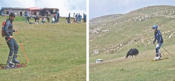 Skiers in action on the first day of third National Grass Skiing Championship